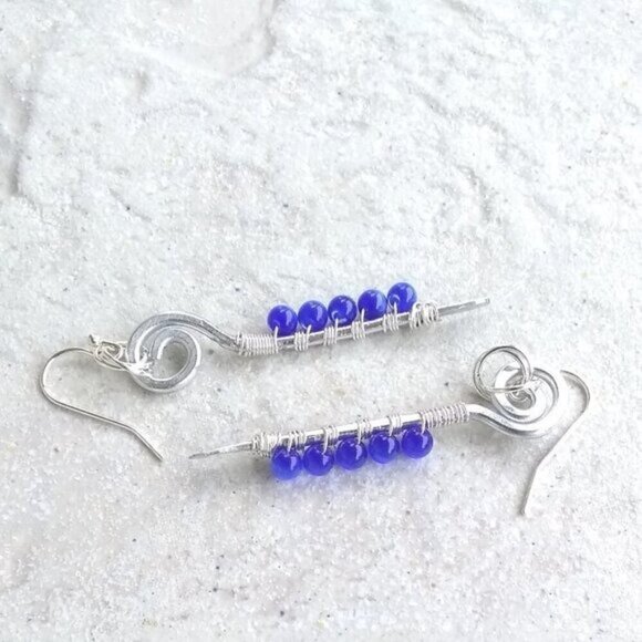 Unique Wire Wrapped Dangle Earrings! Blue CatsEye Beads! Lightweight!!! - Picture 3 of 11